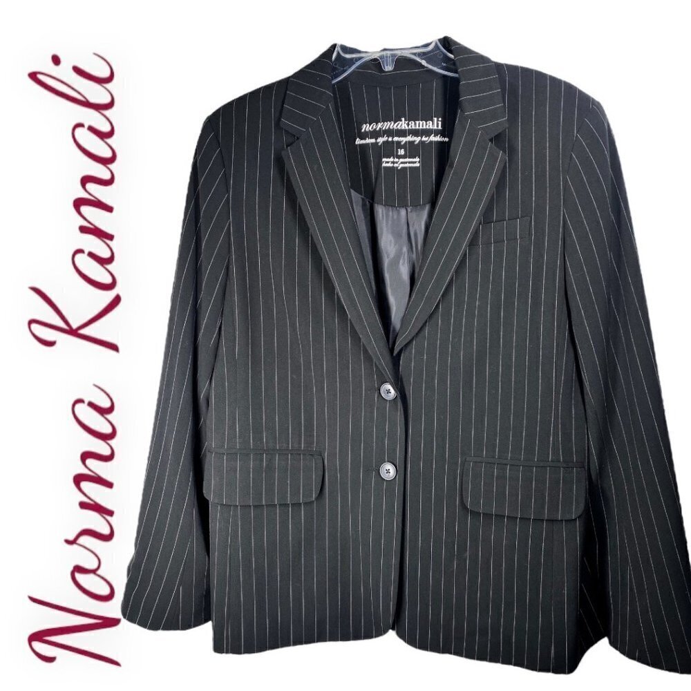 NORMA‎ KAMALI Black Pinstriped 2-Button Blazer, Size 16